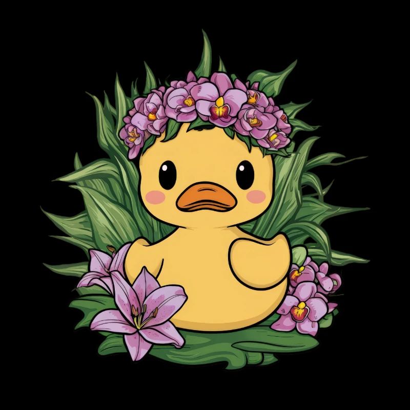 Canetons kawaii aux orchidées et lys