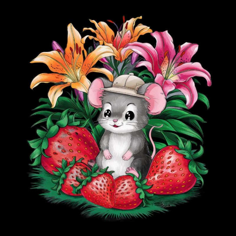 Kawaii Mouse with Strawberries & Lillies