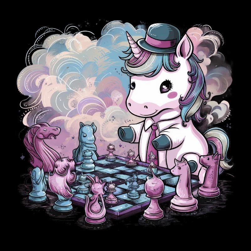 Kawaii unicorn playing chess with chess pieces