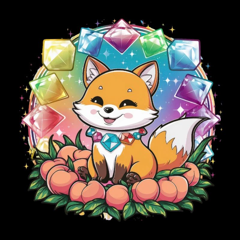 Cartoon Kawaii Fox with Peaches