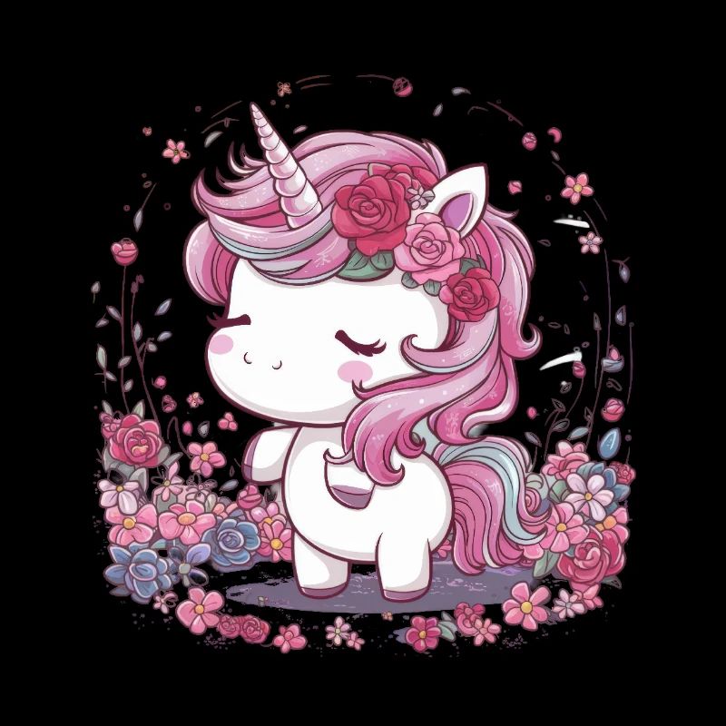 Licorne Kawaii avec de grandes fleurs