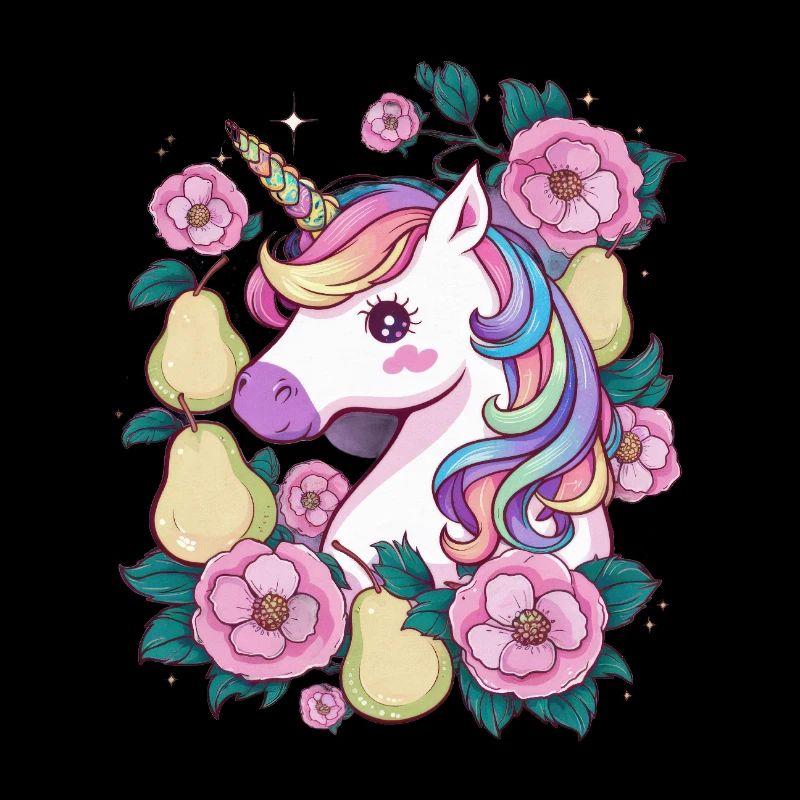 Licorne Kawaii avec Poires & Fleurs