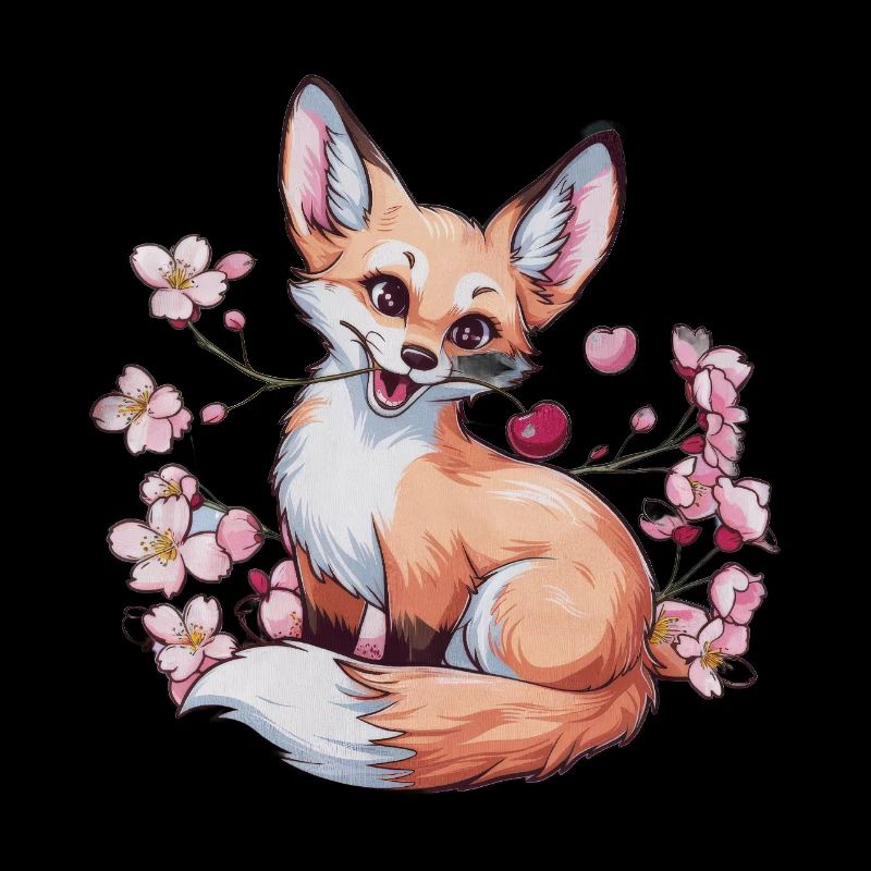 Kawaii Fox with Cherries and Sakura Cherry Blossoms