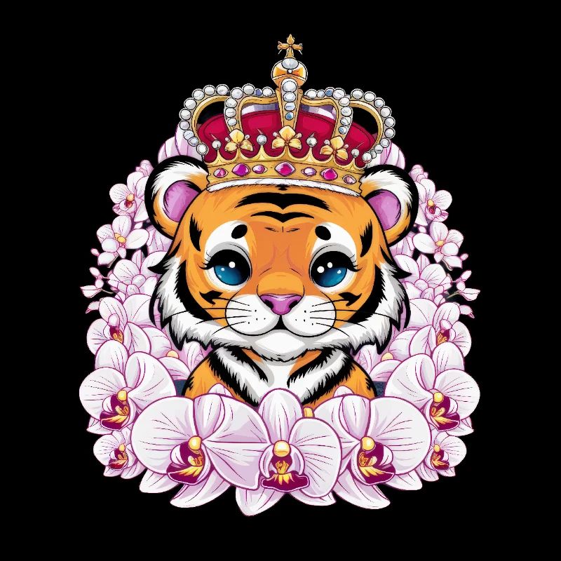 Kawaii tiger with crown and magnificent orchids