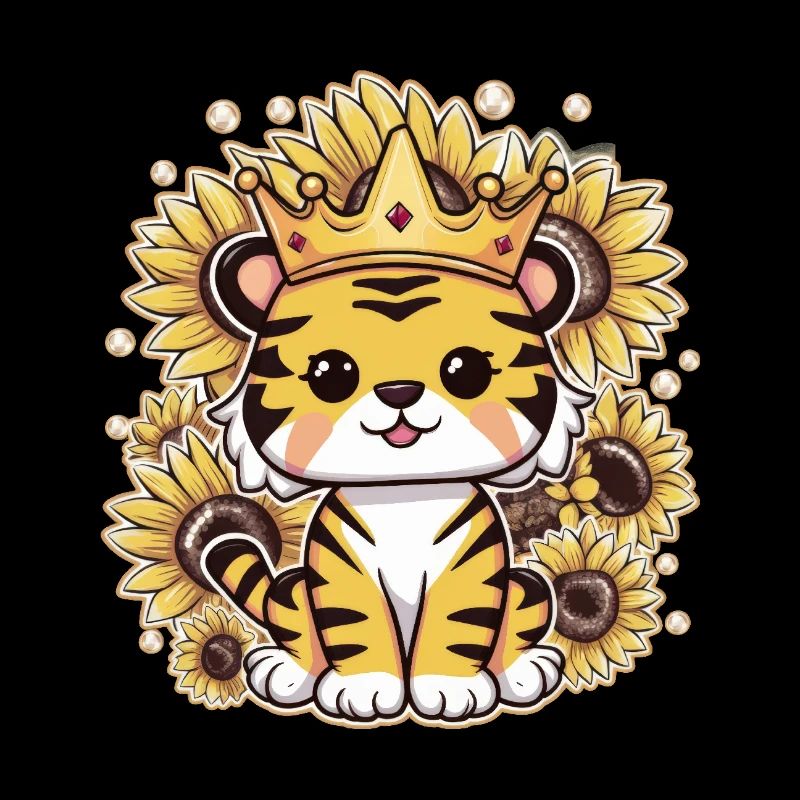 Tiger with crown and magnificent sunflowers