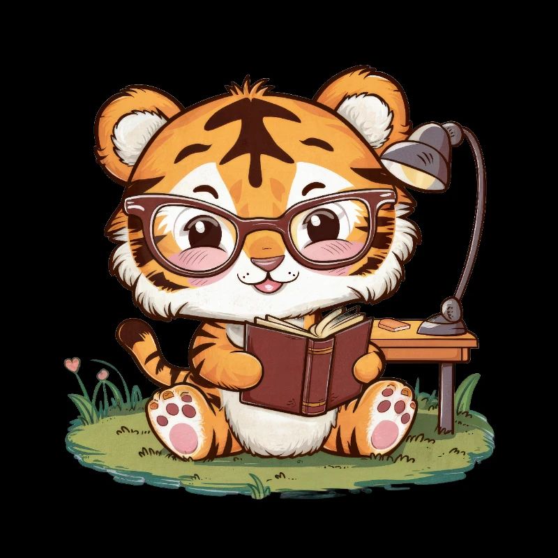 Kawaii tiger in cartoon style with book