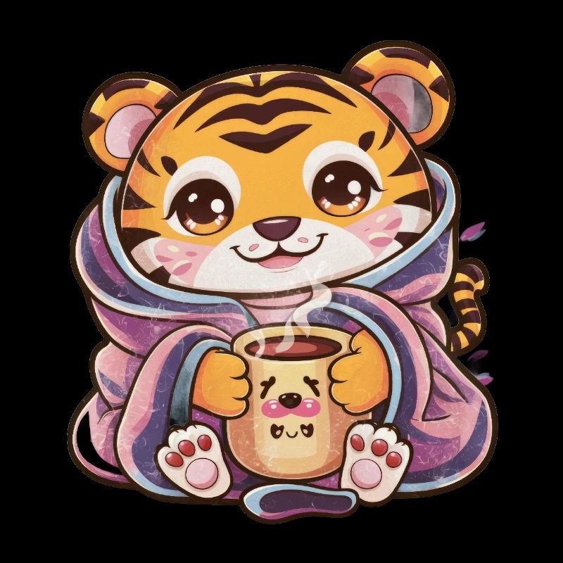 Tigre Kawaii avec tasse et couverture
