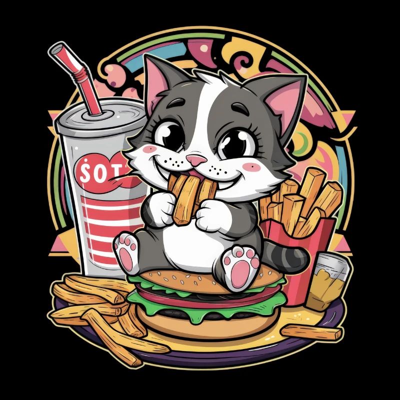 Le chat kawaii adore la restauration rapide