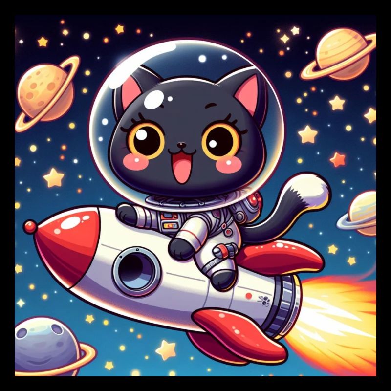Chat mignon de l’espace sur une fusée dans l’espace
