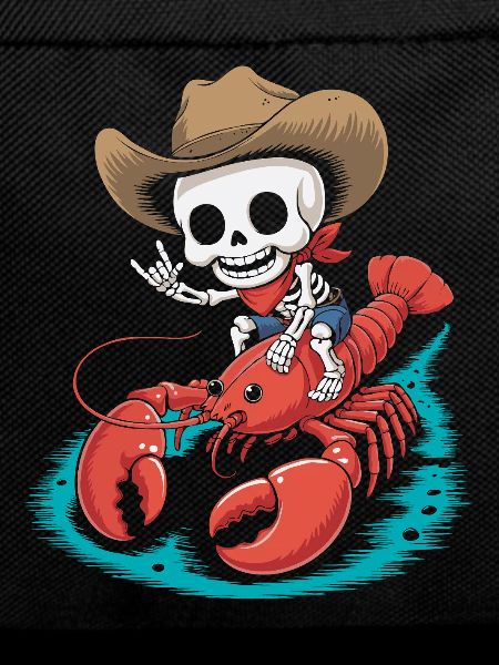 Skeleton cowboy rides lobster