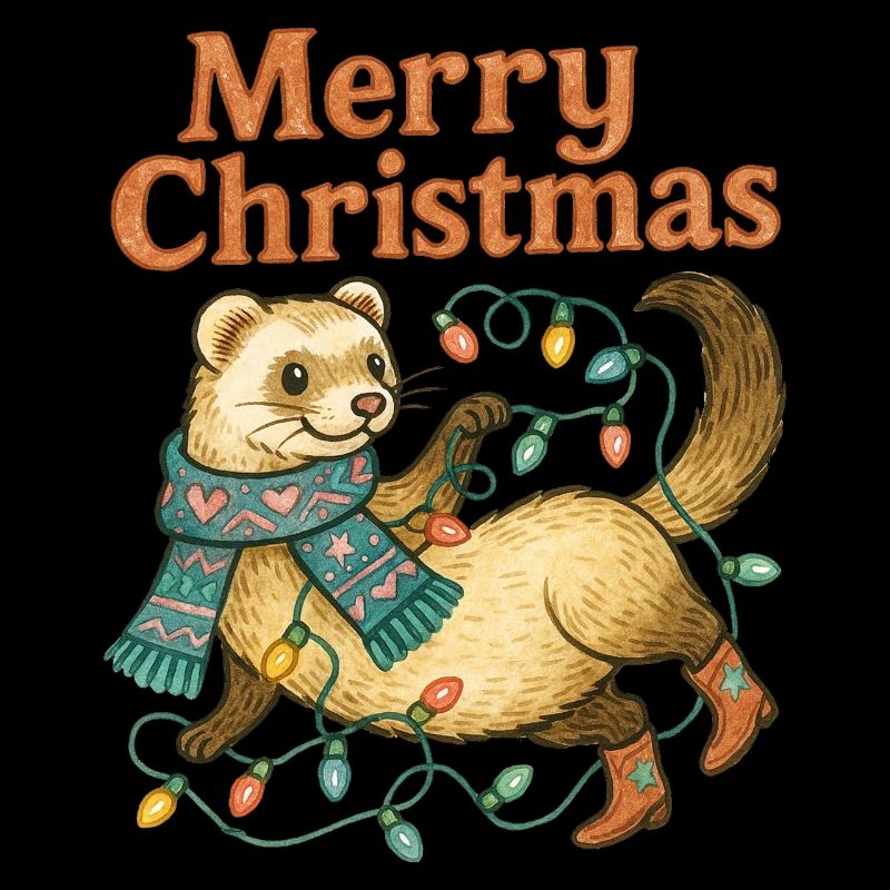 Frohes Frettchen mit Weihnachtsbeleuchtung