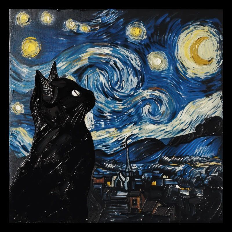 Black Cat, Cat, Van Gogh, Starry Night