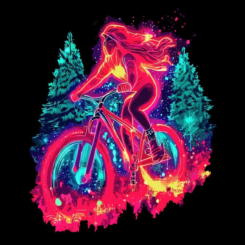 Synthwave Mountainbike Mädchen Waldfahrt