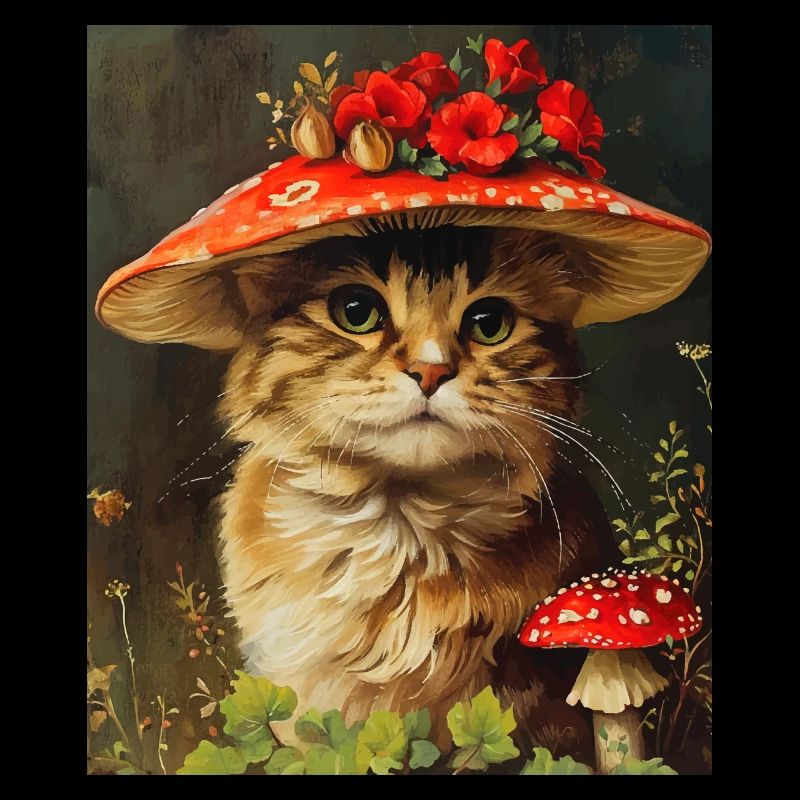 Chat Vintage dans un chapeau de fleur champignon Cottagecore