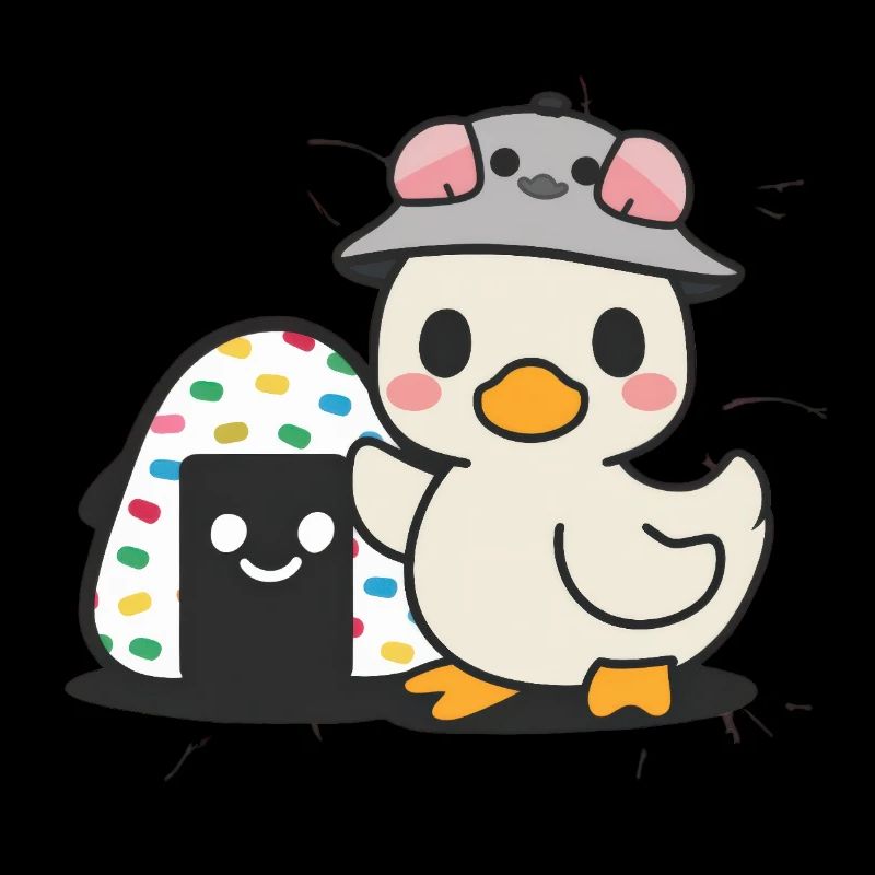 Caneton kawaii dans le style dessin animé avec de gros onigiri