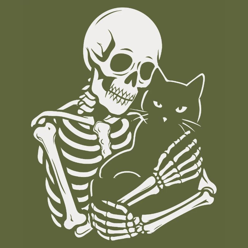 Skeleton stroking black cat
