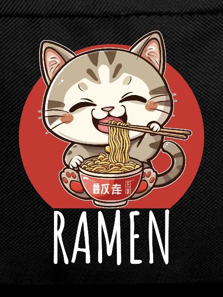 Retro Kawaii Cat Eats Ramen