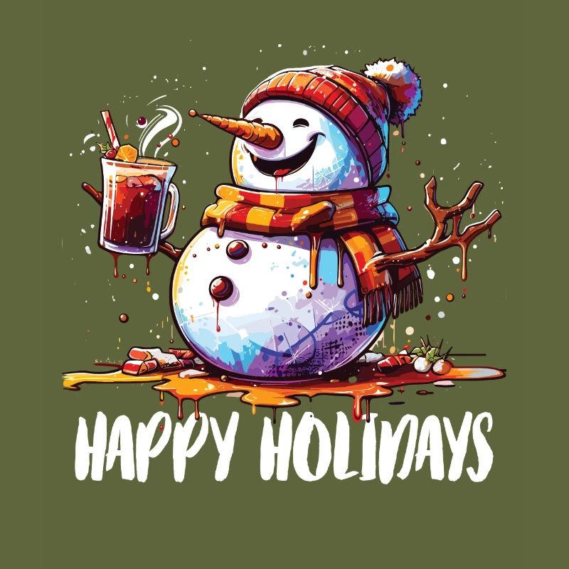 Snowman drinking mulled wine Happy Holidays