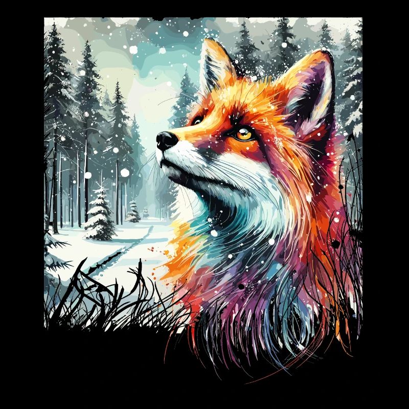 Renard aquarelle, Fox, fond hiver