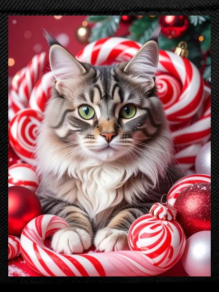 Christmas Cat between Candy Wreaths