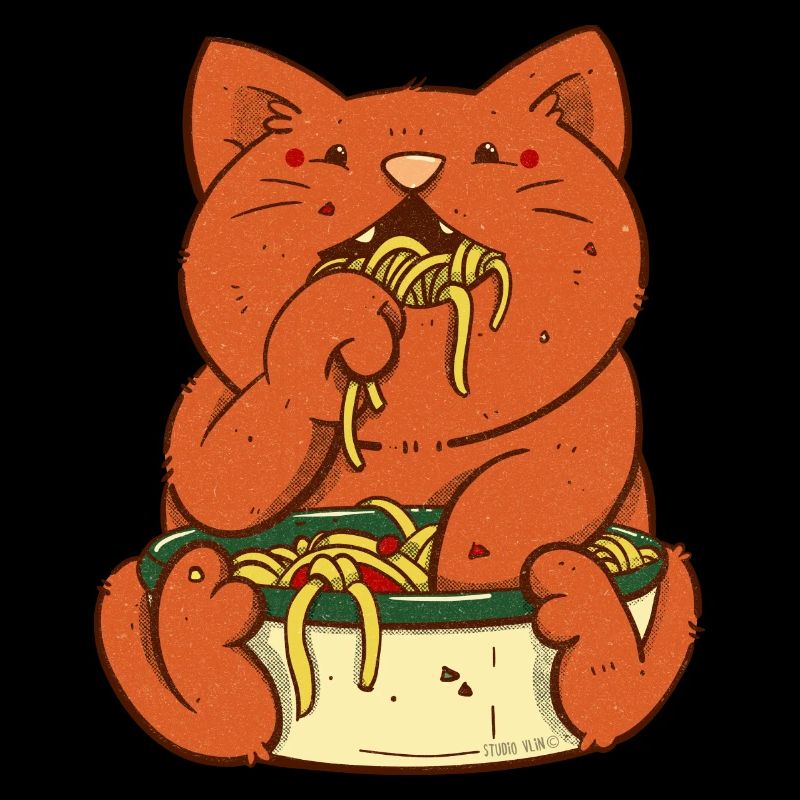 Red cat eats spaghetti
