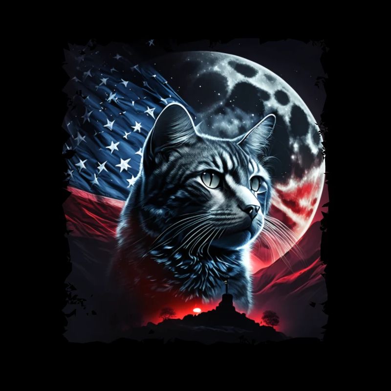 America cat under Moon with American Flag