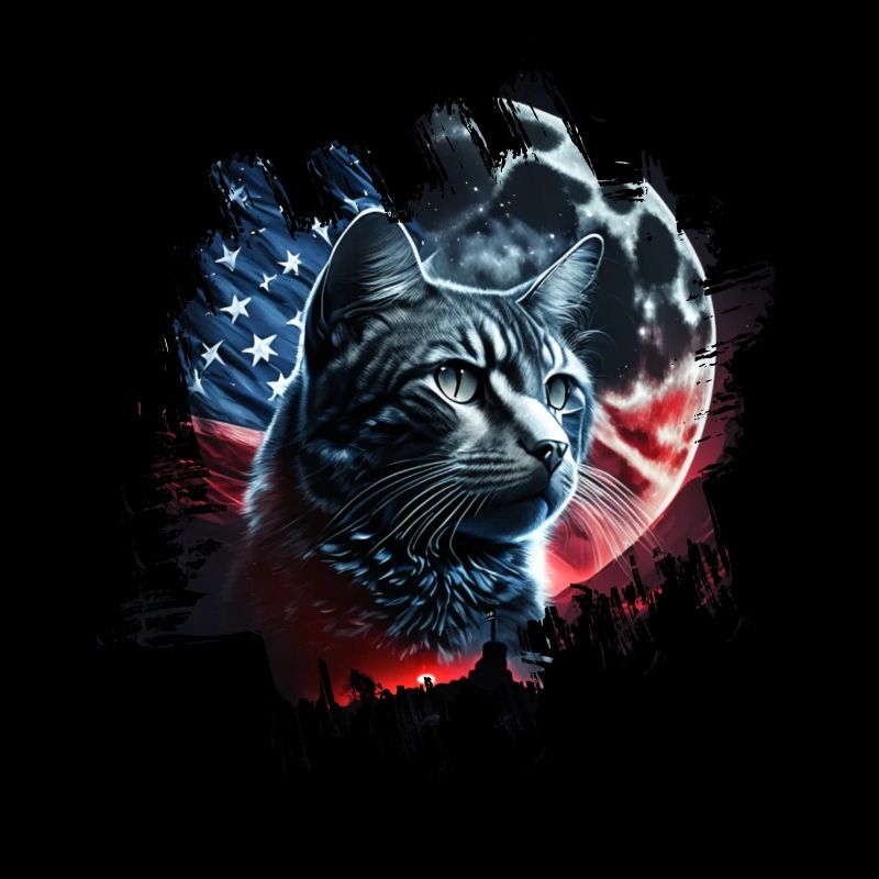 America cat under Moon with American Flag