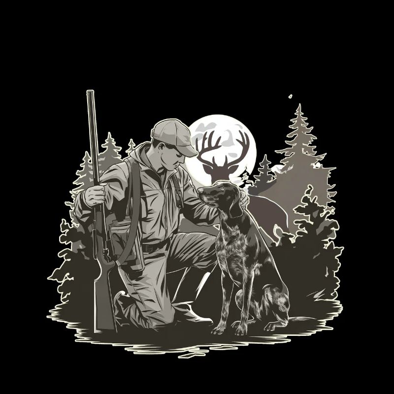 Hunter with dog in the forest at full moon