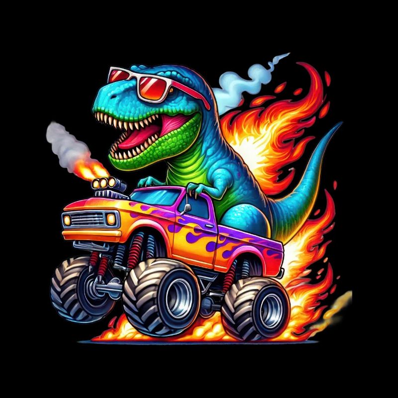 Adventurous dinosaur on monster truck