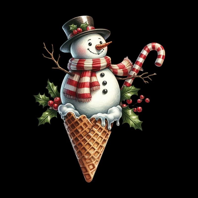 Cheerful snowman in cream cone with