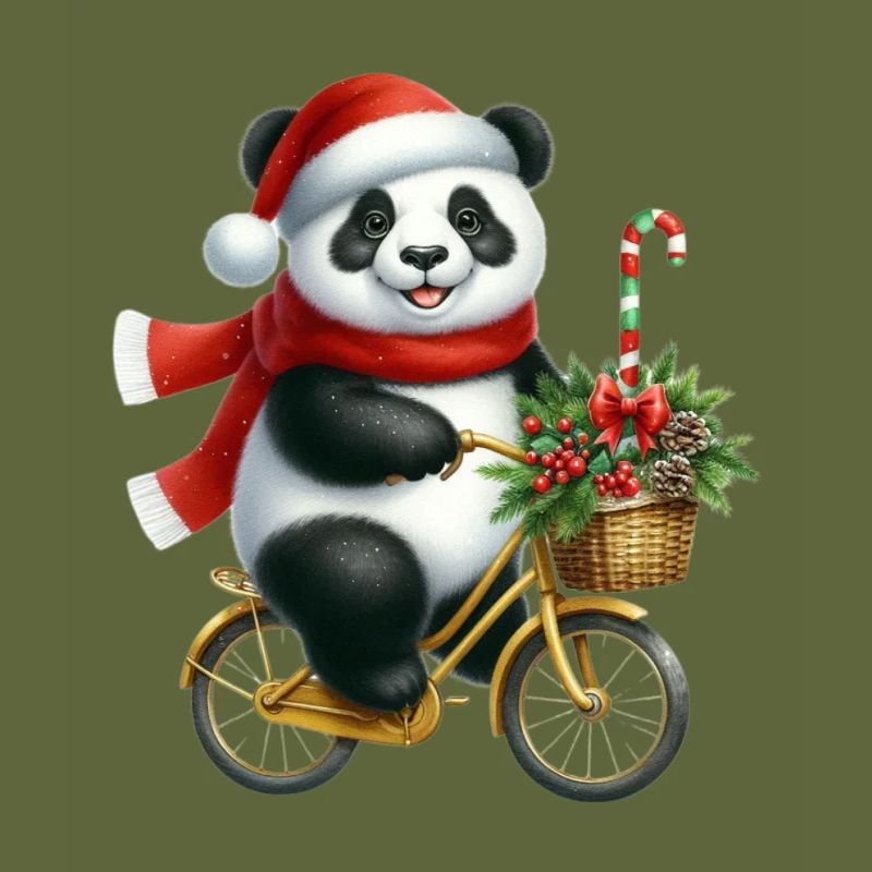 Panda de Noël à vélo avec écharpe et