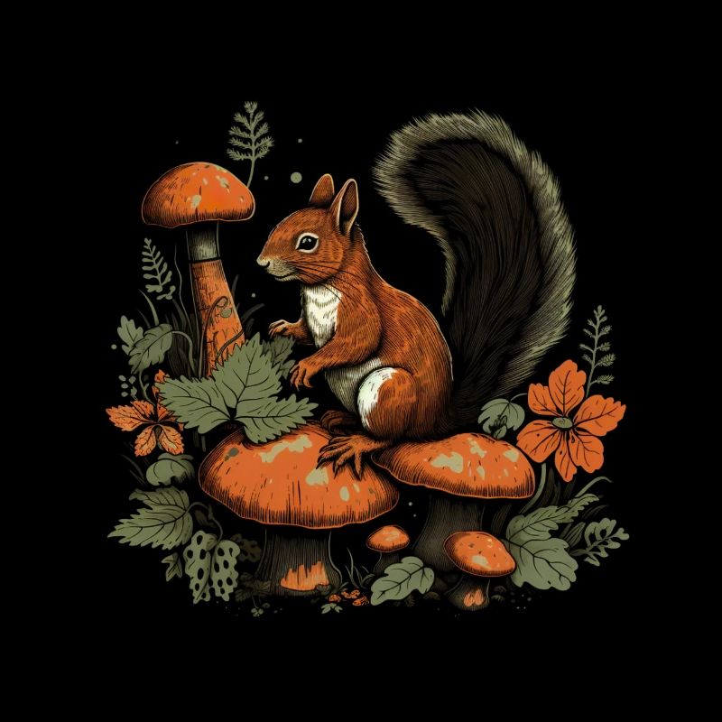 Herbst Eichhörnchen auf Orange Pilz Wald Szene