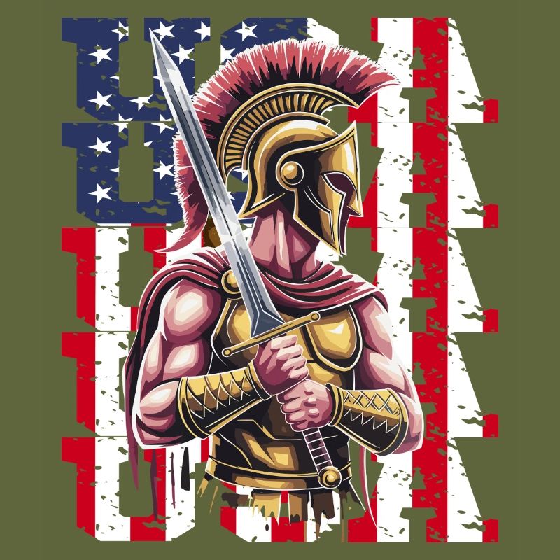 Guerrier spartiate des États-Unis avec épée devant le drapeau