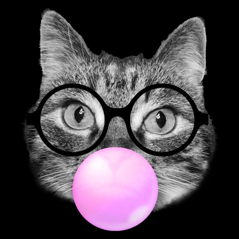 Katze trägt Lesebrille und rosa Kaugummi