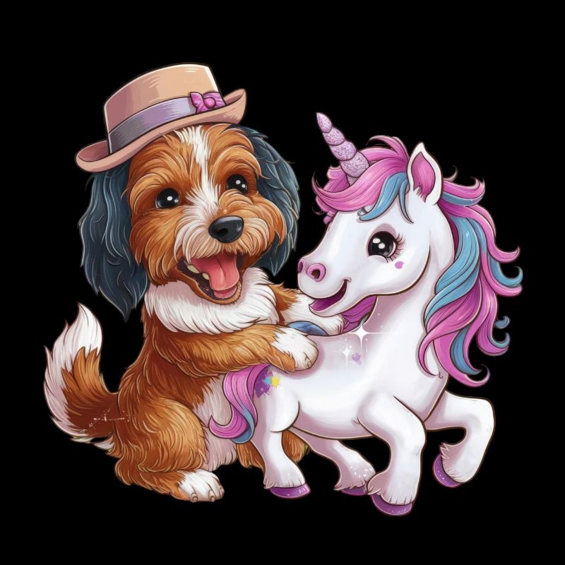 Cartoon Havanese spielt mit Einhorn märchenhaft