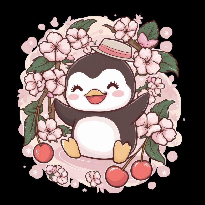 Cartoon Kawaii Penguin with Cherries