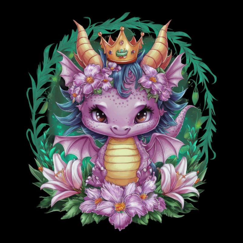 Dragon avec couronne et fleurs colorées
