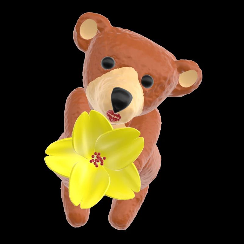 Ours en peluche avec fleur et bouche baiser 3D