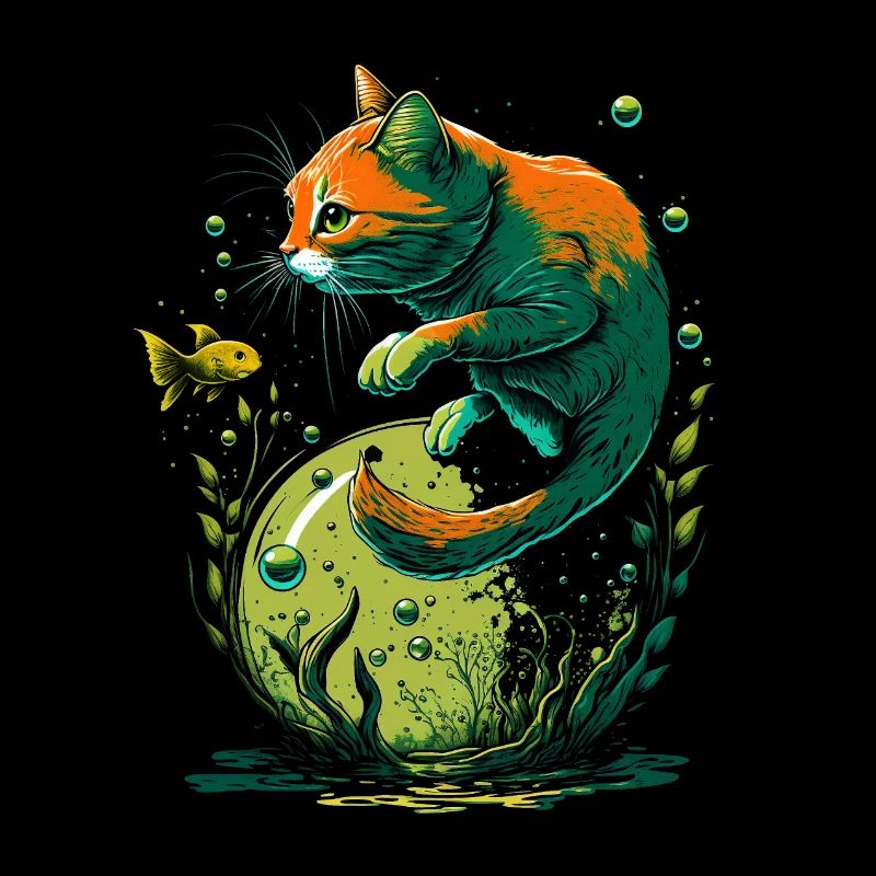 Fantasy Katze spielt mit Goldfischen