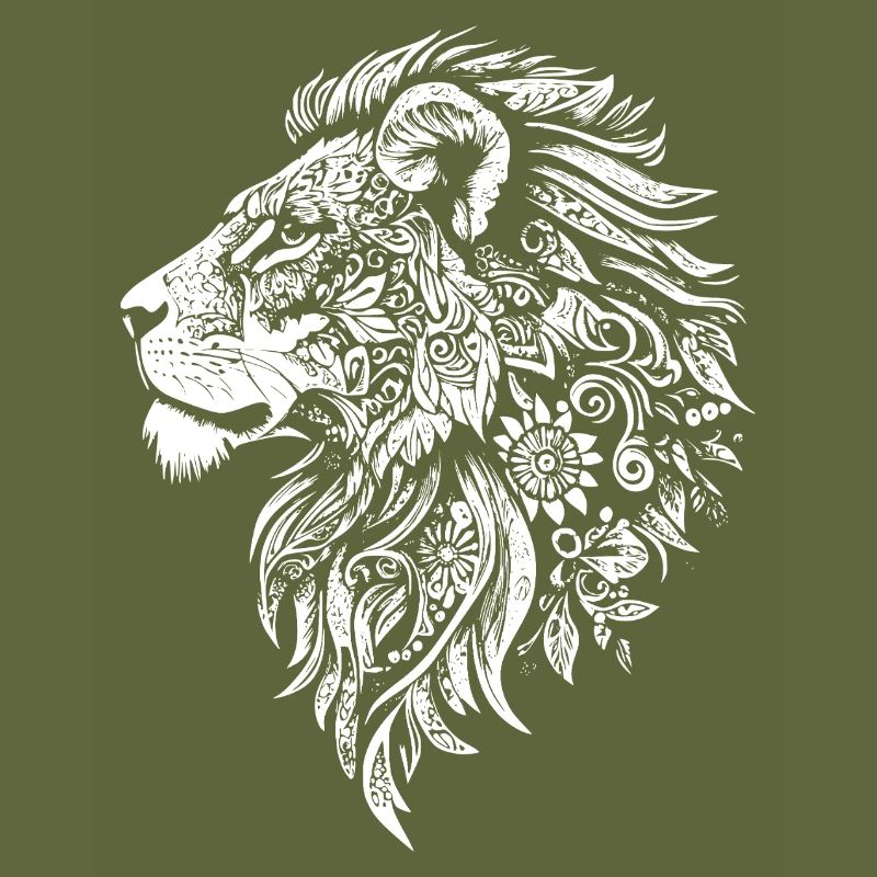 Powerful lion's head with floral dynamics