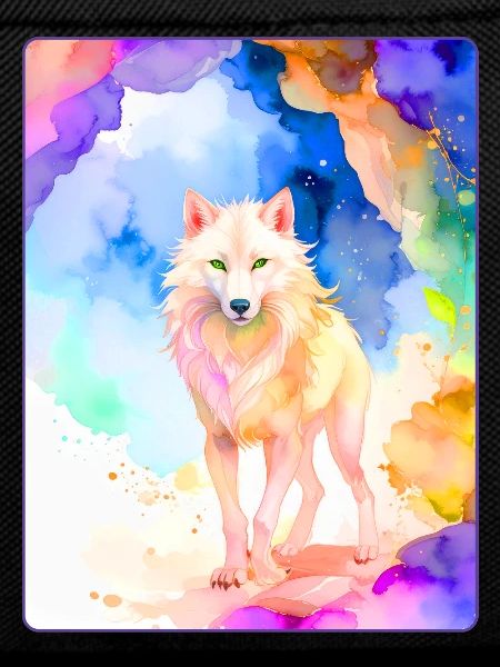 Weißer Wolf vor bunter Höhle