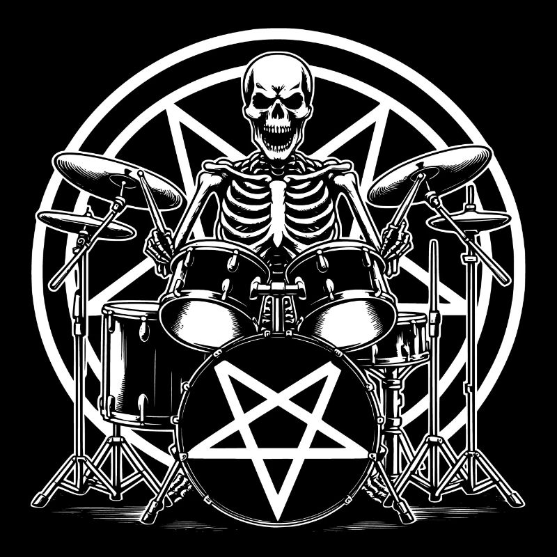 Drummer Skull skeleton on the drum set