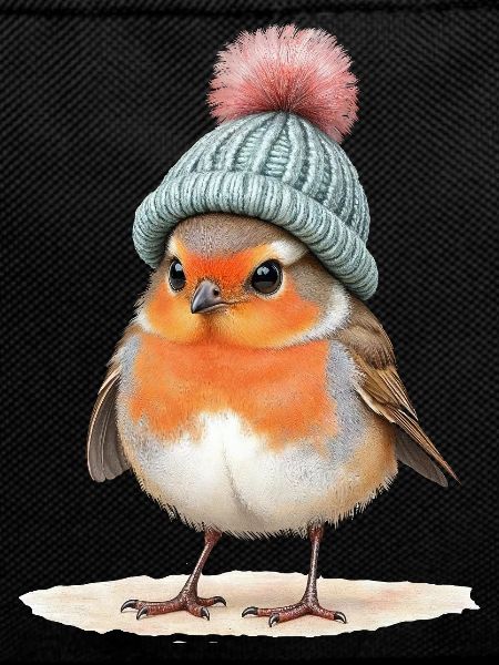 Robin in Strick-Wintermütze