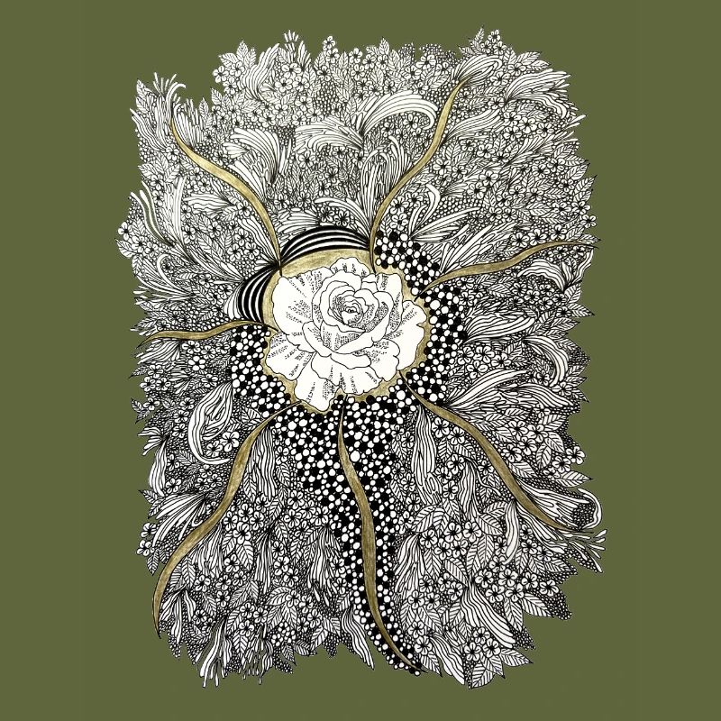Mandala de fleurs dorées avec accent de rose