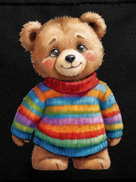 Niedlicher Teddybär im bunten Ringelpullover