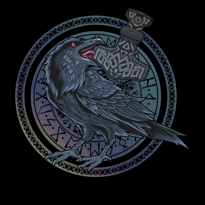 Corbeau d’Odin avec Mjölnir dans le cercle de runes