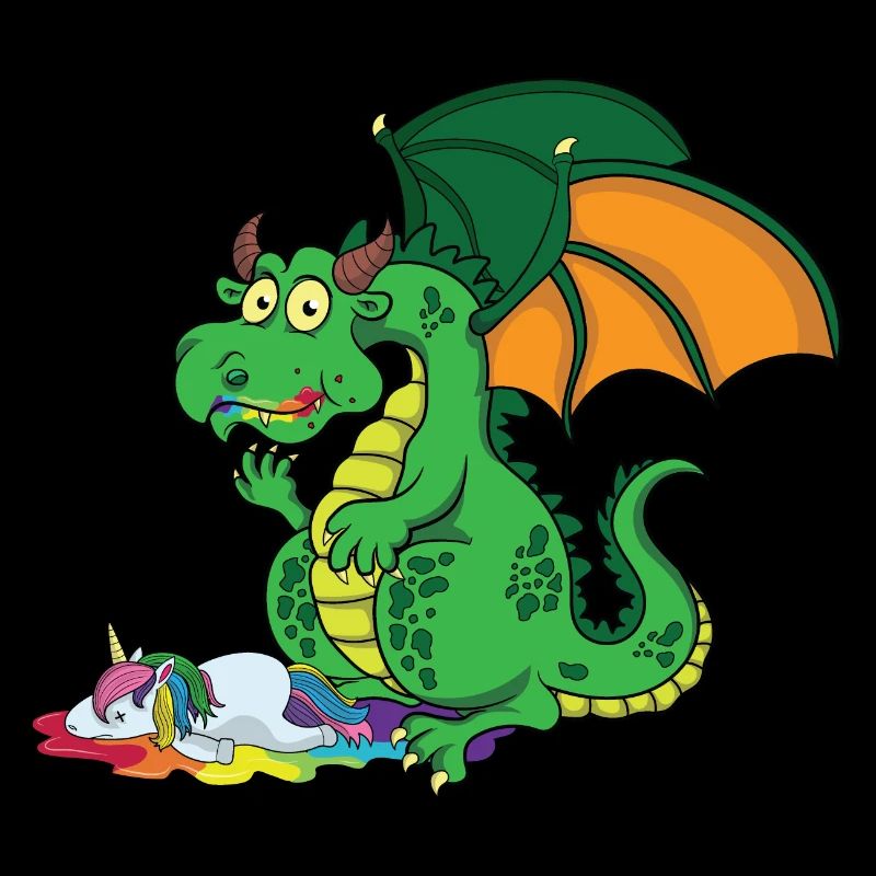 Funny dragon eats unicorn