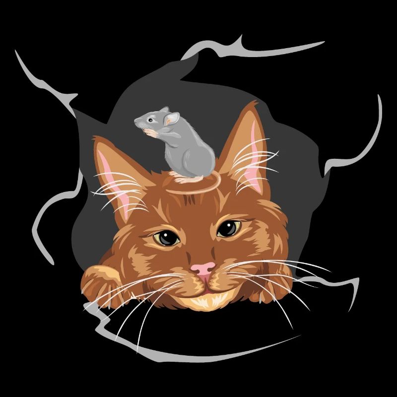 Katze und graue Maus lugen durch eine kaputte Wand