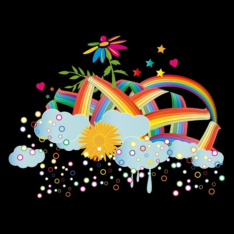 fairytale rainbow sky with clouds & flower
