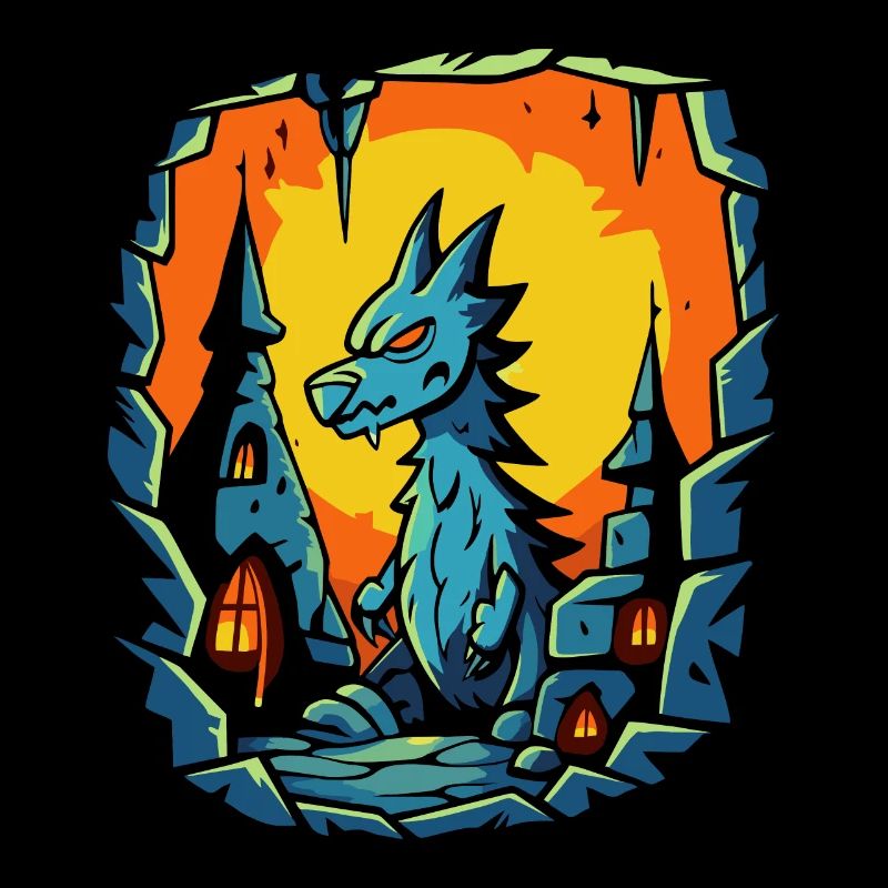 Ein Cartoon Dorf mit Drachen